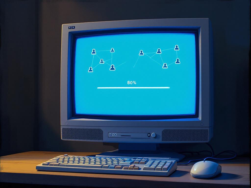 Retro CRT monitor showing social network with loading bar stuck at 80%