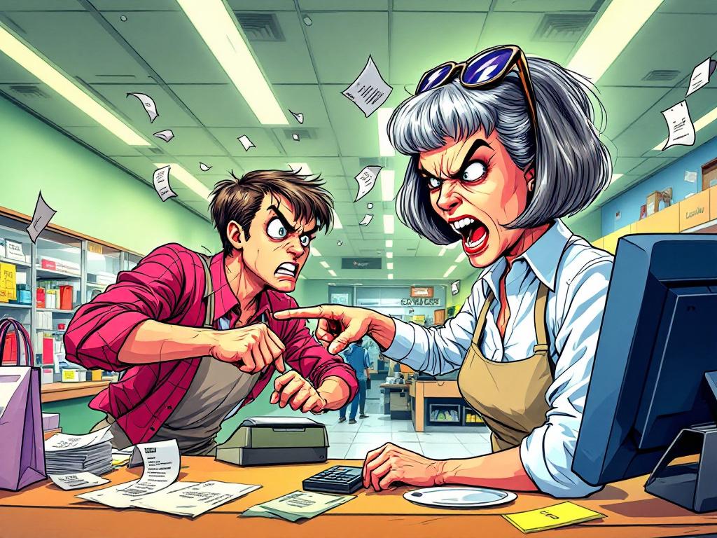 Cartoon Karen yelling at mall employee with receipts flying