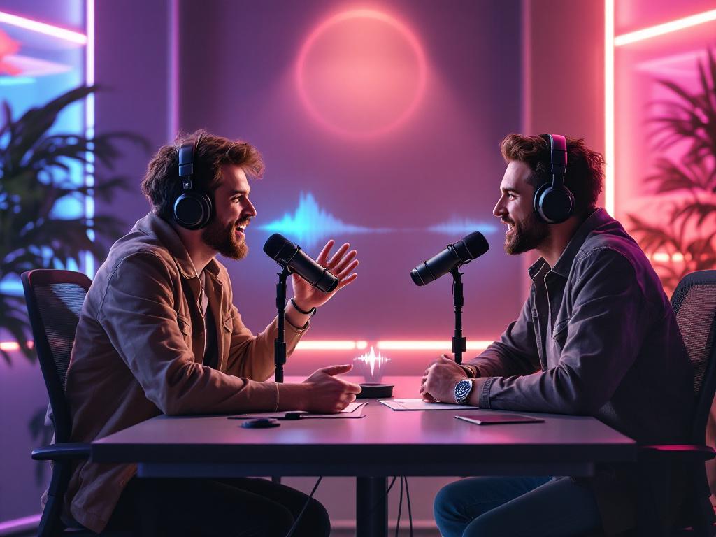 Two AI podcast hosts in a futuristic recording studio with neon lighting
