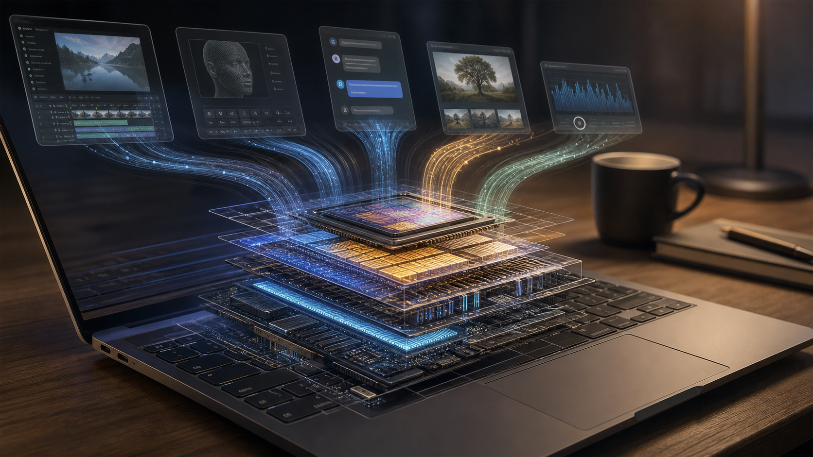 A laptop with processor layers and local AI threads visualized above the keyboard